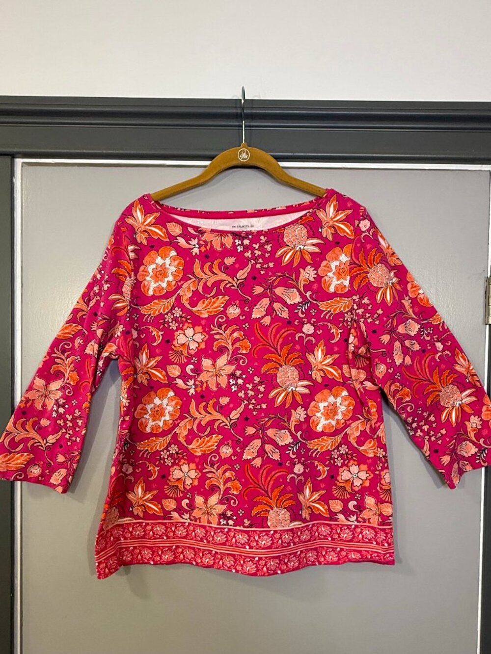 Talbots Pink Orange Floral Border Print 3/4 Sleeve Top